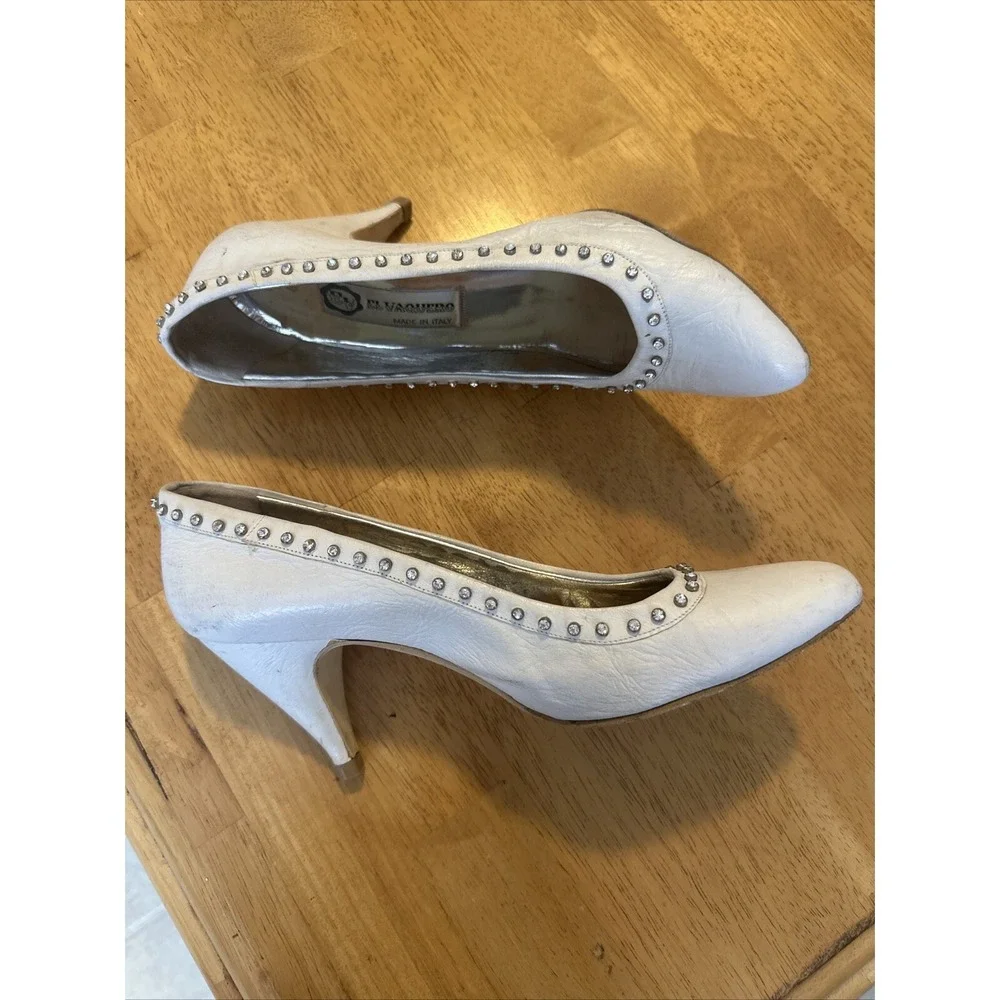vintage el vaquero white leather heels pumps‎ rhinestone outline size 37